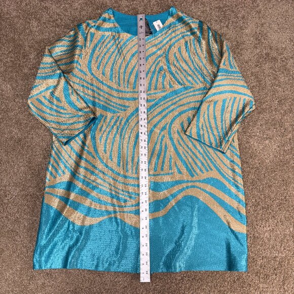 Chico's By Travelers Rev Crushed Zebra Duster Womens 3 Turquoise Gold Open Front - Picture 8 of 15